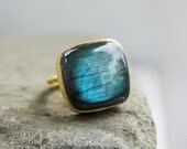 Gold Midnight Blue Labradorite Ring - Adjustable Ring - Square Stone Ring