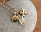 Golden Rutile Quartz and Honey Bee, Initial Charm Necklace - Personalized Jewelry