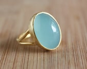 Gold Oval Aqua Chalcedony Adjustable Ring - Mint Green Stone Ring - Cocktail Ring