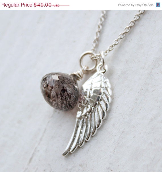 Memorial Day SALE Moss Amethyst and Wing Charm Necklace - Sterling Silver