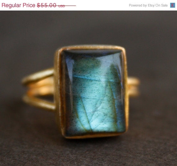 Memorial Day SALE Gold Aqua Green Labradorite Ring - Rectangular Cut - Aurora Borealis, The Northern Lights