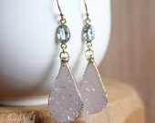 Memorial Day SALE Blue Topaz and Soft Grey Agate Druzy Teardrop Earrings - 14K Gold Fill - December Birthstone