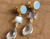 Aqua Blue Druzy, Rainbow Moonstone, and Crystal Quartz Earrings - Post Setting - Long Earrings
