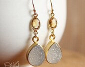 Yellow Citrine and Vanilla White Druzy Gemstone Earrings - 14K Gold Fill