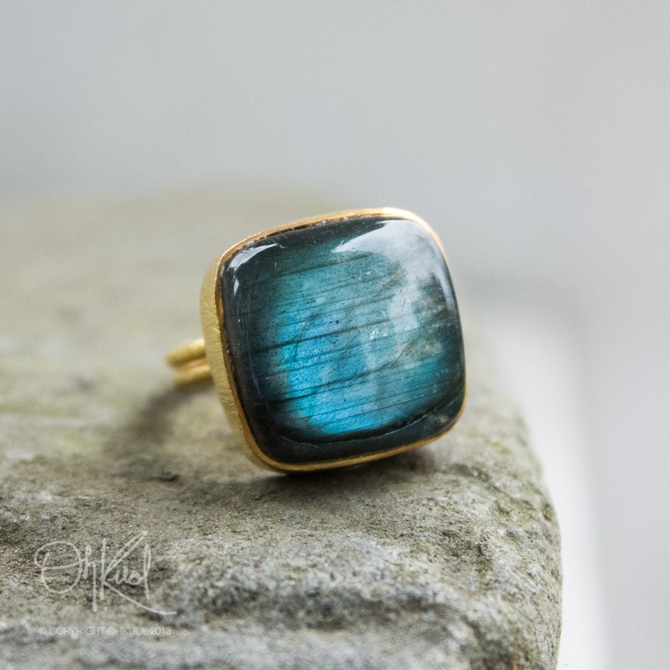 Gold Midnight Blue Labradorite Ring - Adjustable Ring - Square Stone Ring