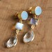 Aqua Blue Druzy, Rainbow Moonstone, and Crystal Quartz Earrings - Post Setting - Long Earrings