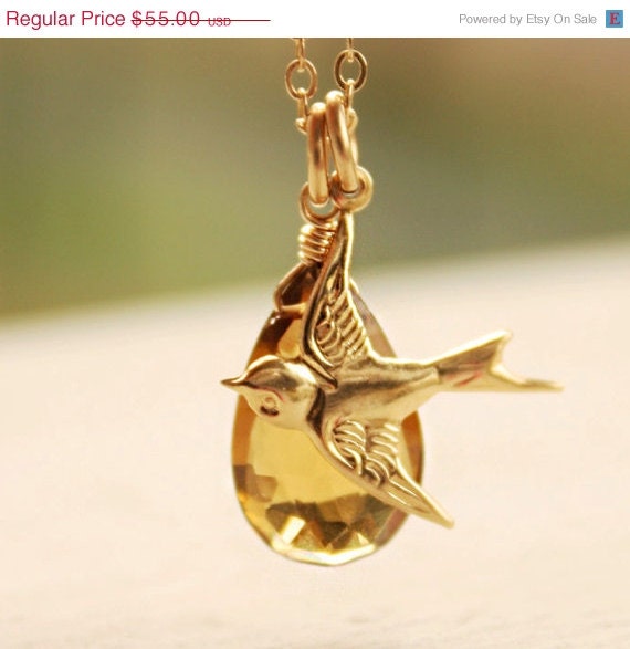 SALE 15 OFF Honey Citrine Necklace - Flying Swallow - Bird Charm Necklace, 14KT Gold Fill