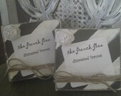 Set of Two Rustic and Distressed Wood Board Frames in Antique White and Chocolate Brown Stripes White Flower Embellishment and Twine