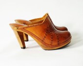 Vintage Wooden High Heel Clogs Size 8 Orange Leather