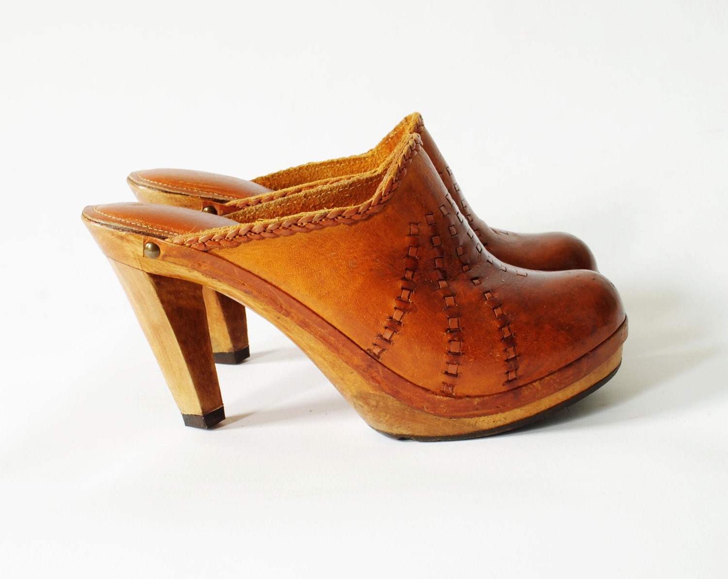 Vintage Wooden High Heel Clogs Size 8 Orange Leather