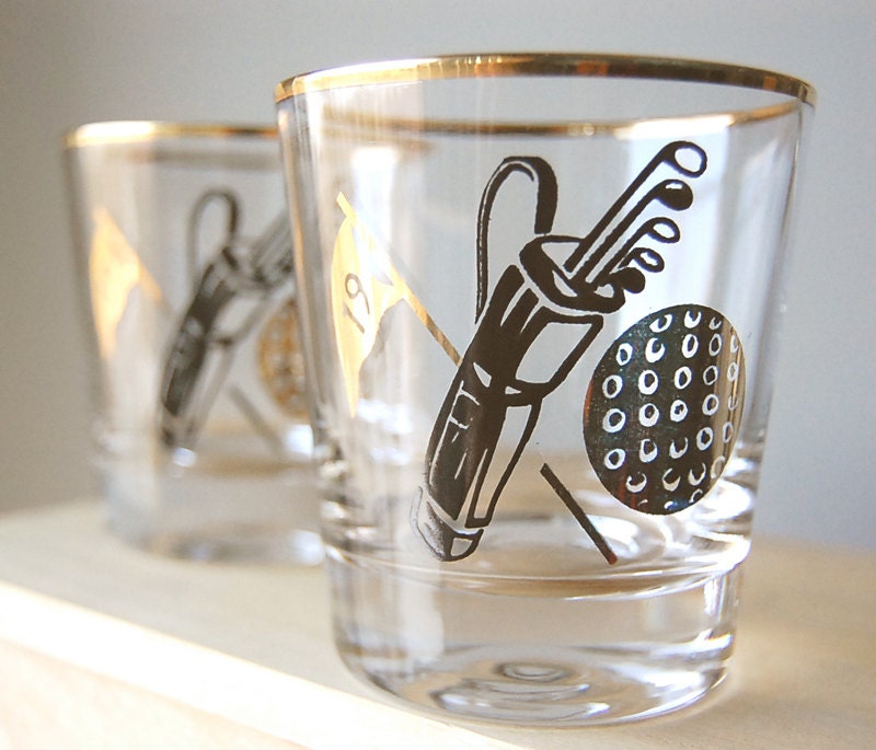 Vintage Pair of Lo Ball Cocktail Drink Glasses with MidCentury Modern 1960s Golf Sports Graphic for Fathers Day.