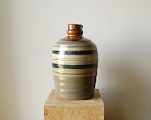 Vintage Organic Handmade Ceramic Stoneware Pottery Small Pitcher or Vase with Stripes in Blue Grey.