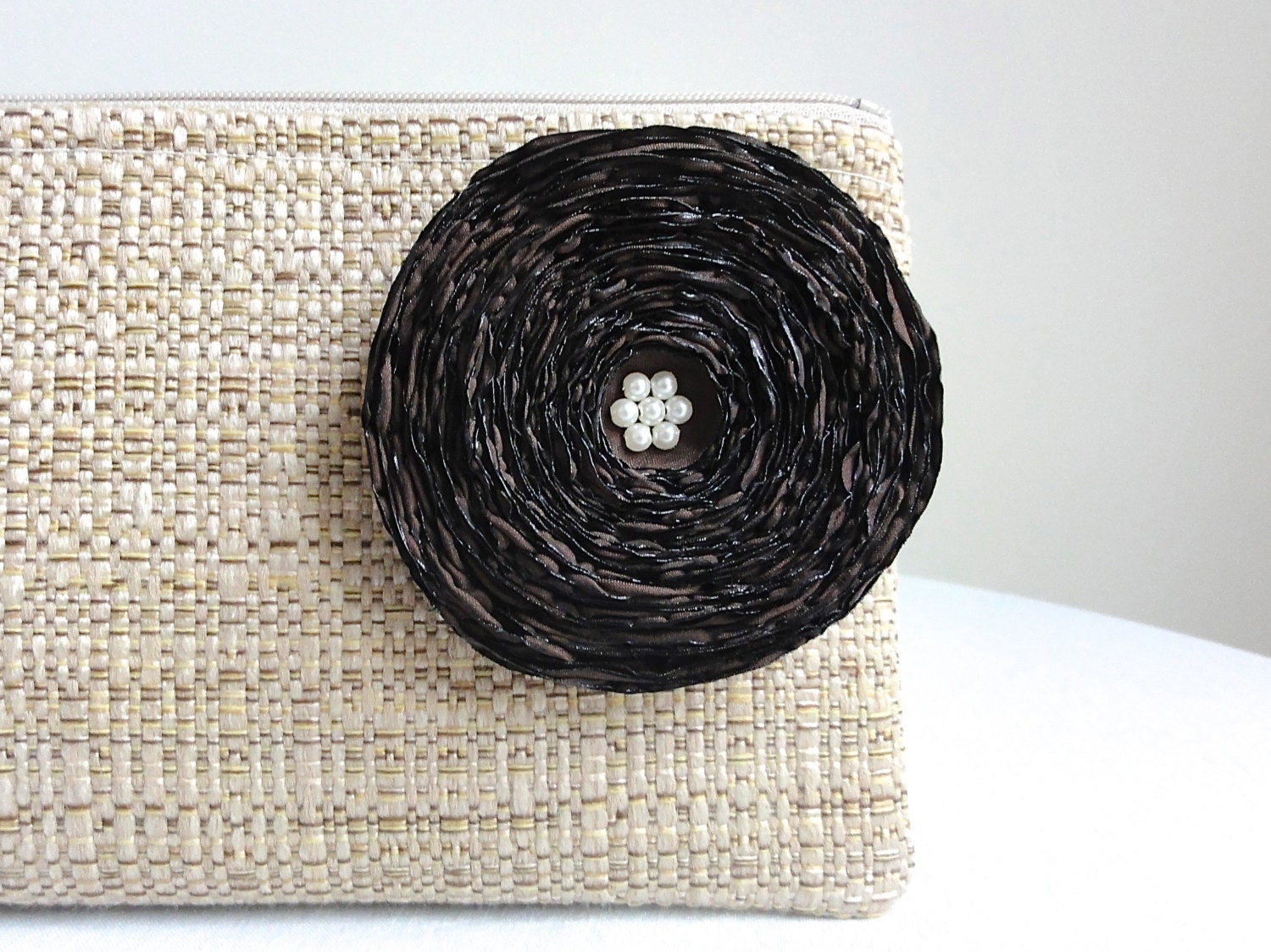 Tan Woven Clutch with Chocolate Brown Fabric Flower