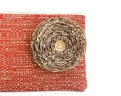 Red Woven Clutch with Handmade Khaki Brown Flower