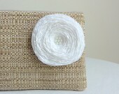 Tan Woven Clutch Handbag / White Fabric Flower