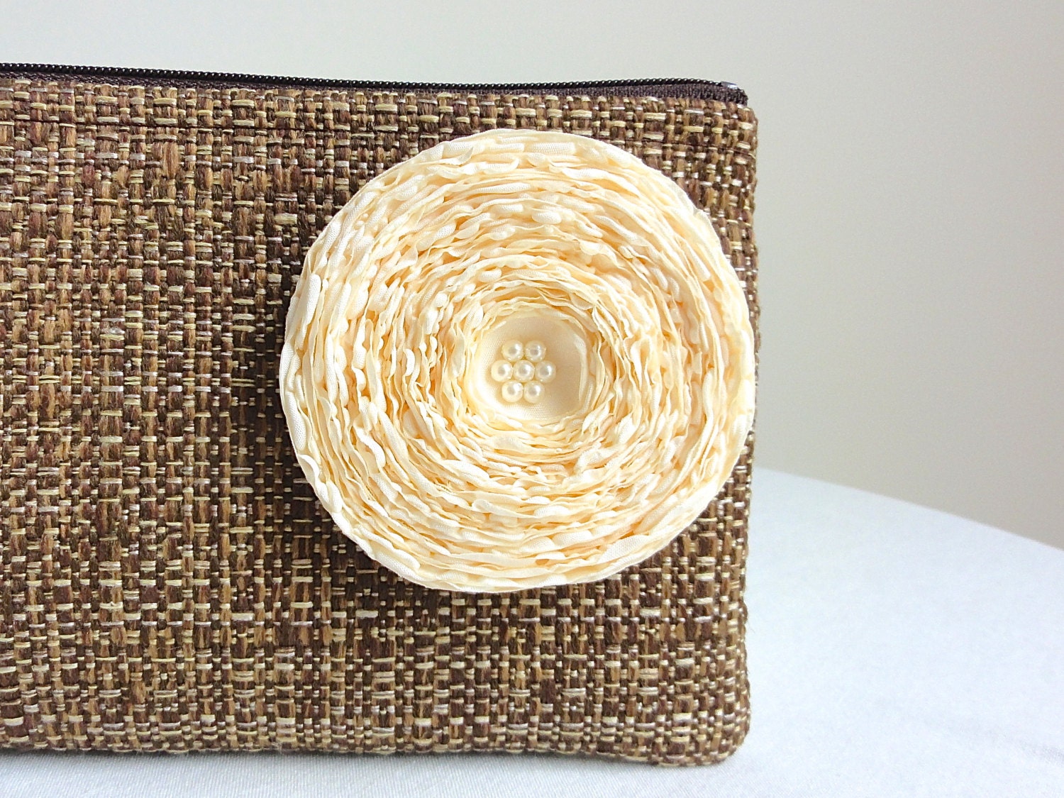 Rustic Woodland Clutch with Cream Fabric Flower