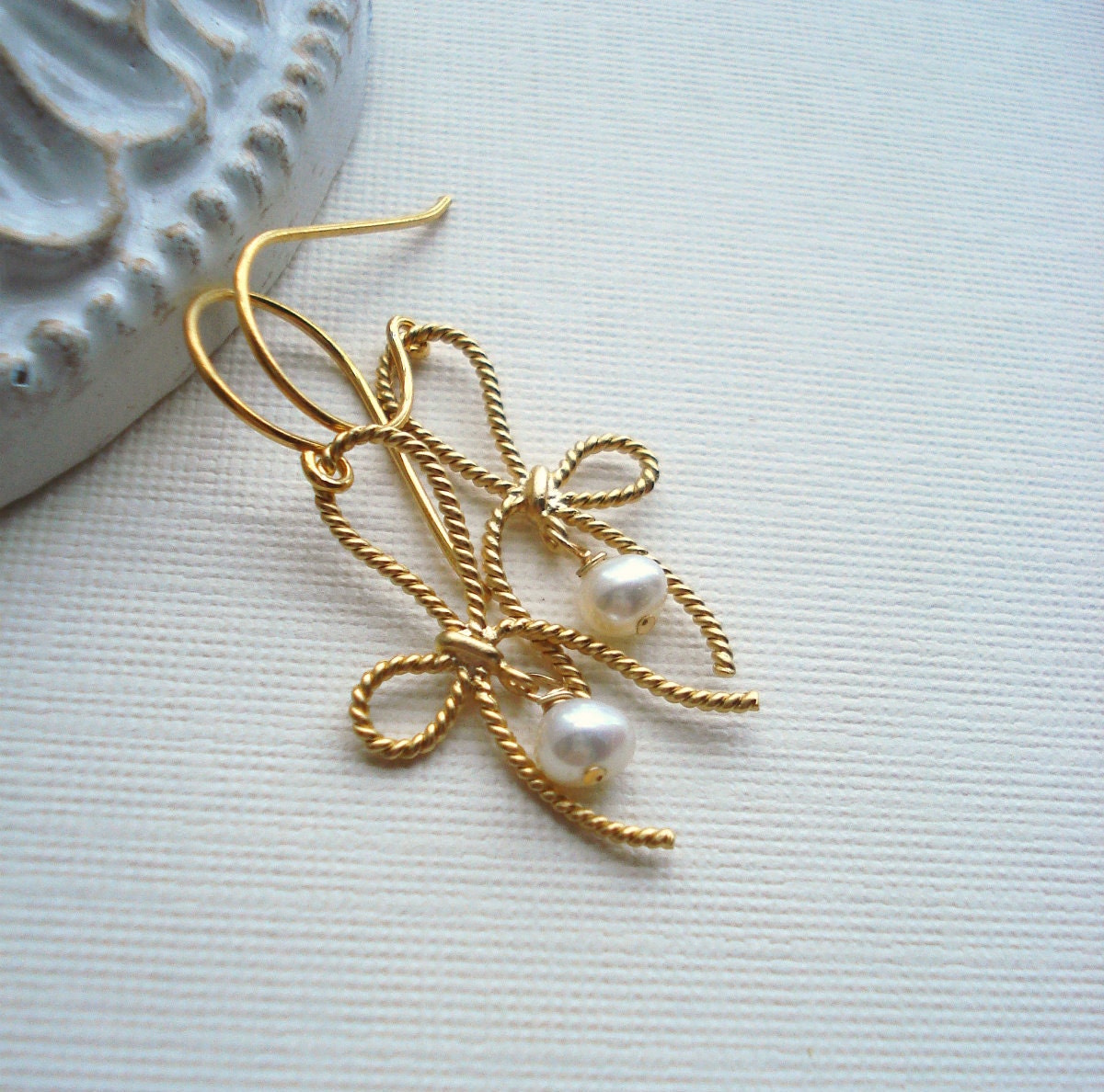 Gold Bow Drop Earrings. Pearl Gold Dangle Earrings. Everyday Jewelry. Under 25
