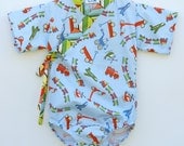 Baby Kimono Onesie - CHOO CHOO  - size 0 through 24 months -  boy modern unique baby clothes