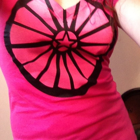 Womens Tshirt from the event The WHEEL: Art and Music for Pagan Toronto, pink, silk screened