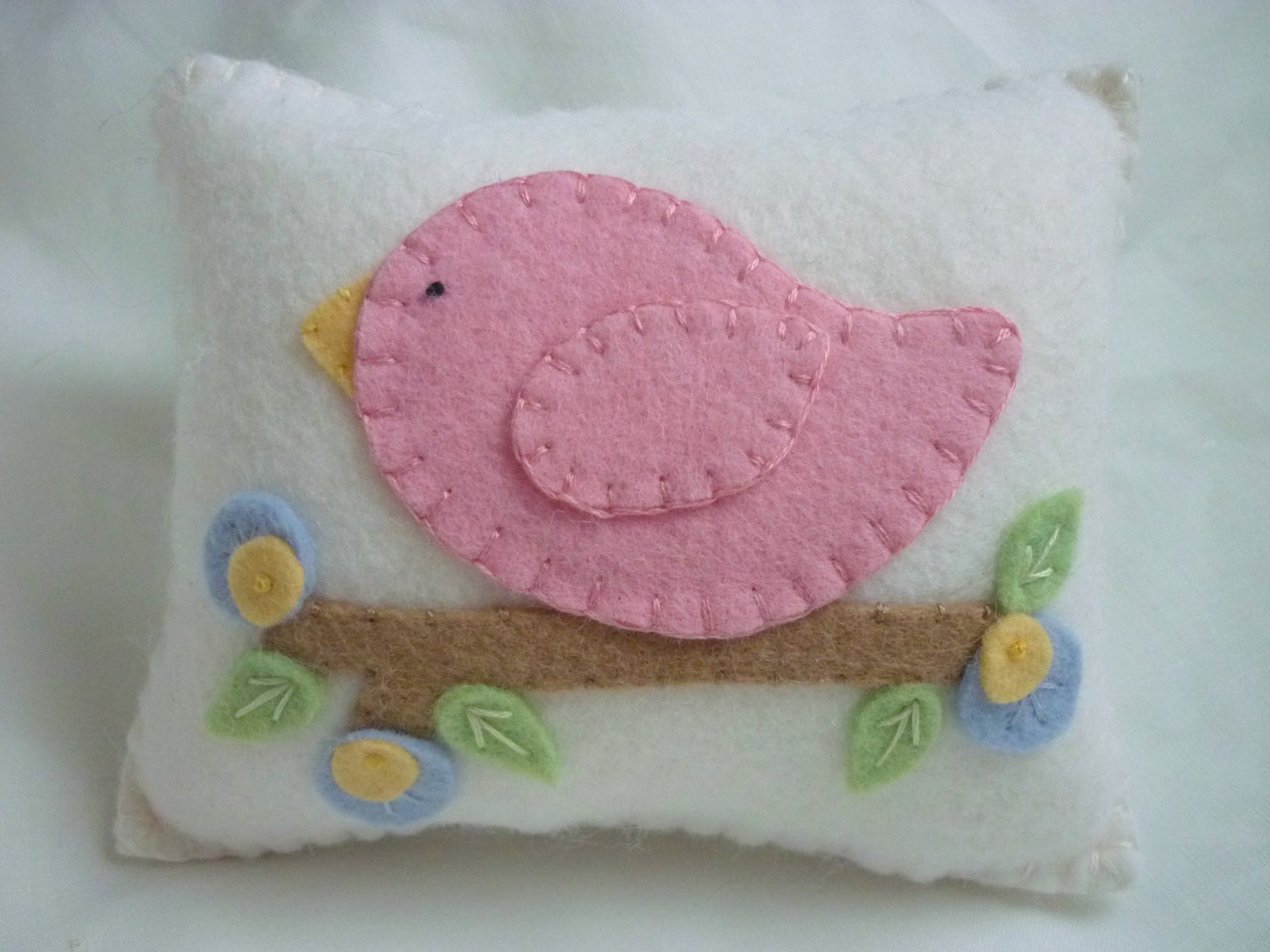 Felt Bird Pillow - Pink Birdy On Branch Girls Baby's Room Decor