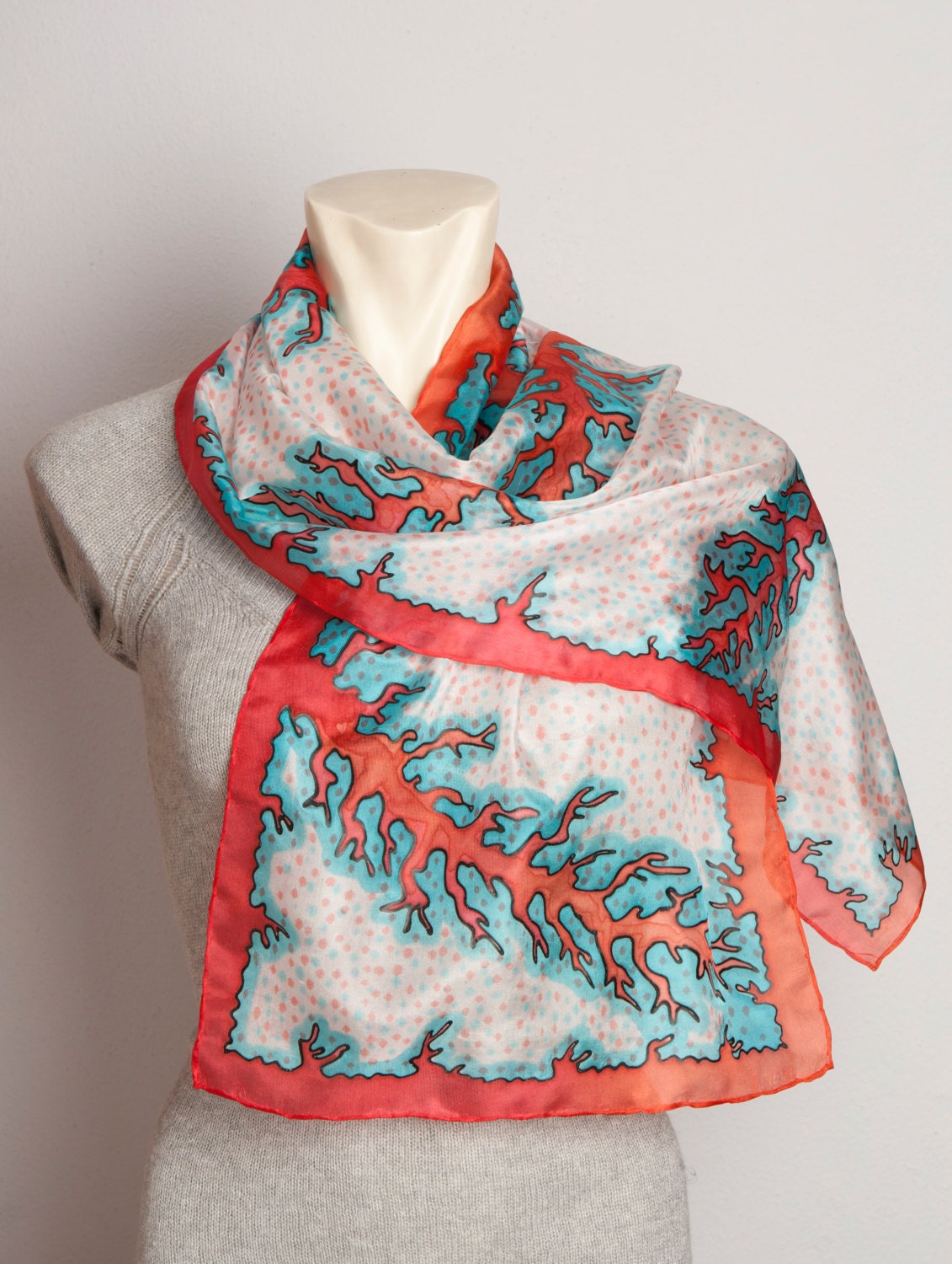 Hand Painted Silk Scarf with Coral Reef Orange Red Blue 13 X 51 READY TO SHIP.