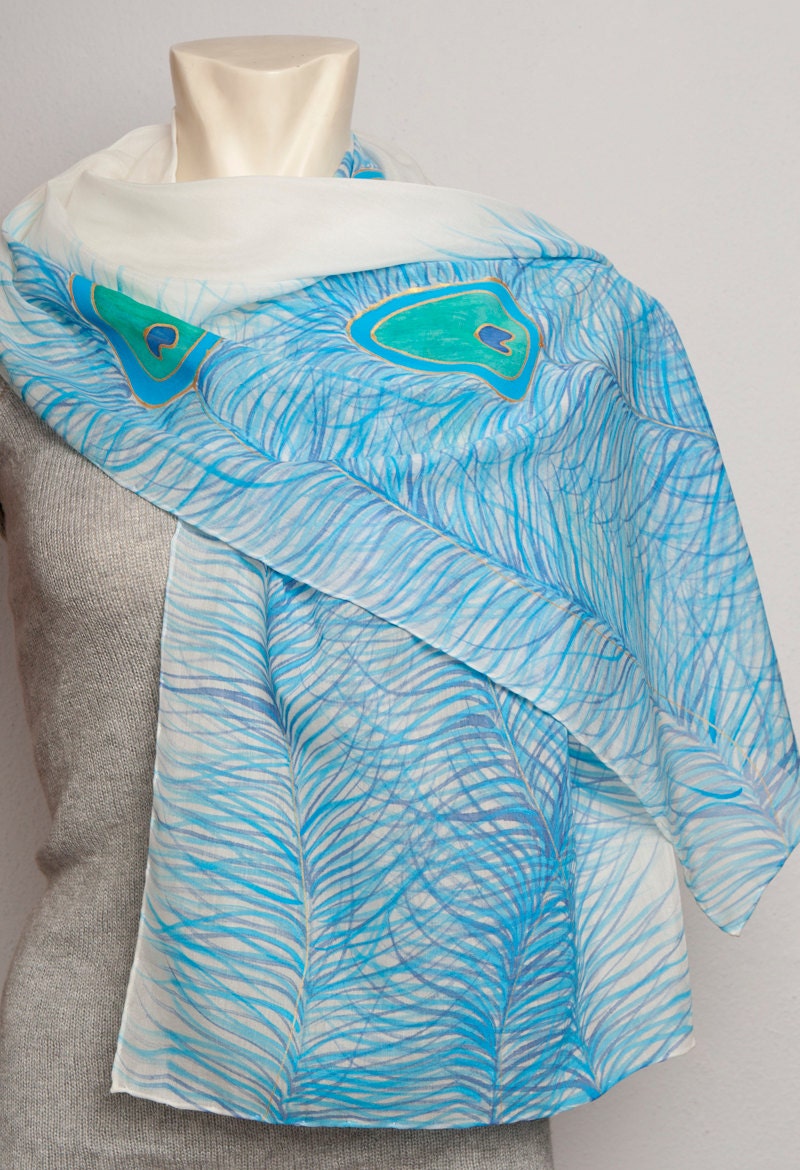 Mother Day Wedding gift Hand Painted Silk  Cotton Scarf  Peacock Feathers White Blue Turquese 16 X 55  Fashion Present Luck Love