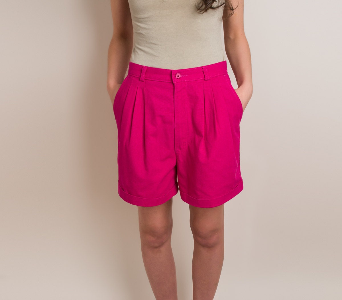 Hot Pink Cotton Shorts - Vintage 1980s Pleated Shorts - M
