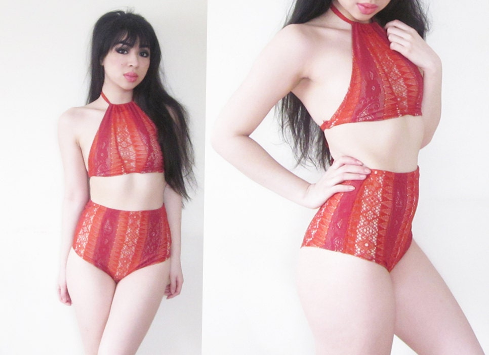 Orange Rust Crochet High Neck High Waisted Striped Bohemian Swimsuit Bikini