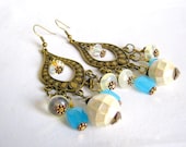 boho chandelier earrings - moonstone and blue quartz