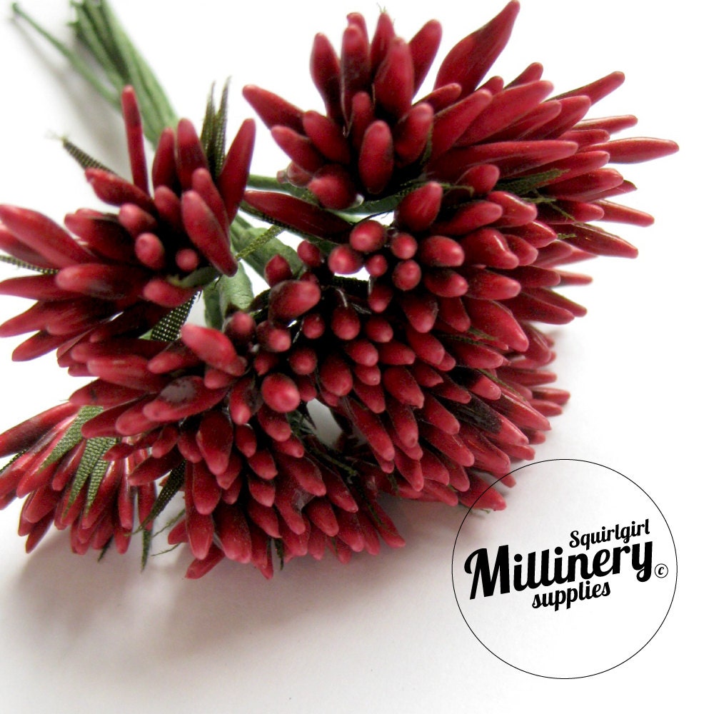 Red Spikey Bud Flower Picks / Stamens for Millinery & Flower Making Bunch of 12