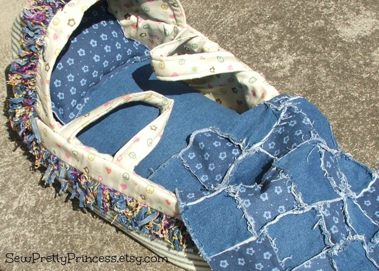 Peace and Distressed Denim Baby Doll Bassinet for Bitty Baby and other baby dolls