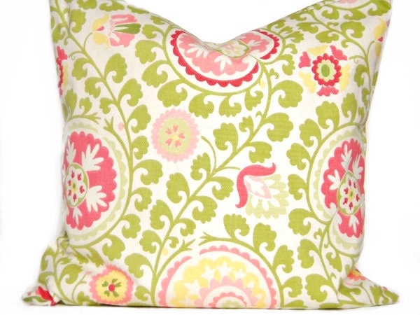Suzani Pillow Covers Floral Lime Green Pink Yellow Beige Decorative Pair 18x18