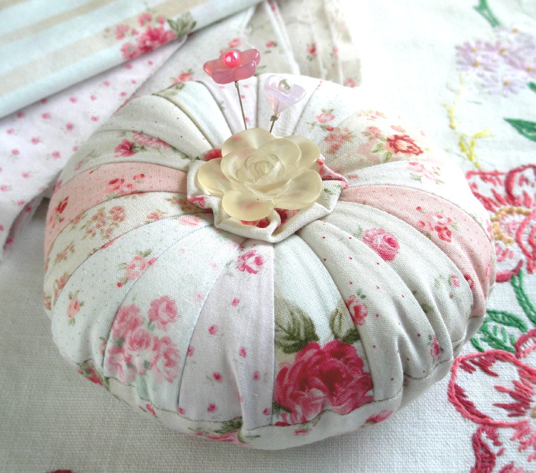 Pincushion, Round Patchwork with Shabby Roses- Made to Order