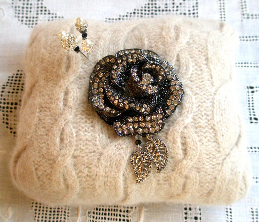 Pincushion, Dreamy Creamy Cashmere With Rhinestone Rose Jewel and Emery -Ready to Ship