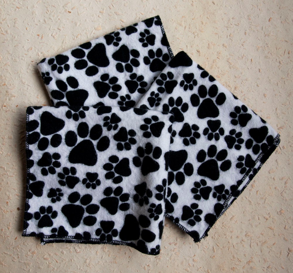 Medium Flankie- Black and White Paw Prints Flannel Handkerchiefs - Set of 3