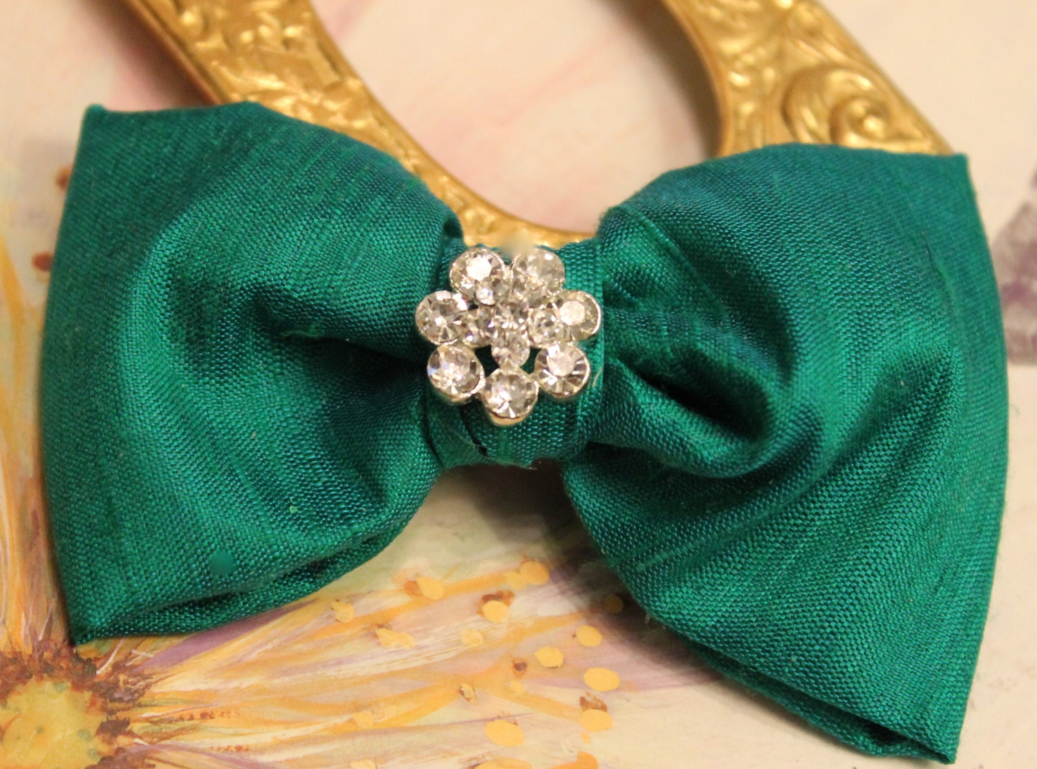 ON SALE- Emerald Silk Dupioni-silk Bow-rhinestone center focal piece- Bridal Hair Accessory-Bridal Sash, Red Carpet