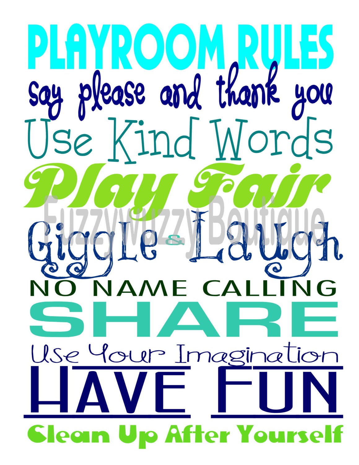 Playroom Rules Printable Children's Art - Blues and Greens