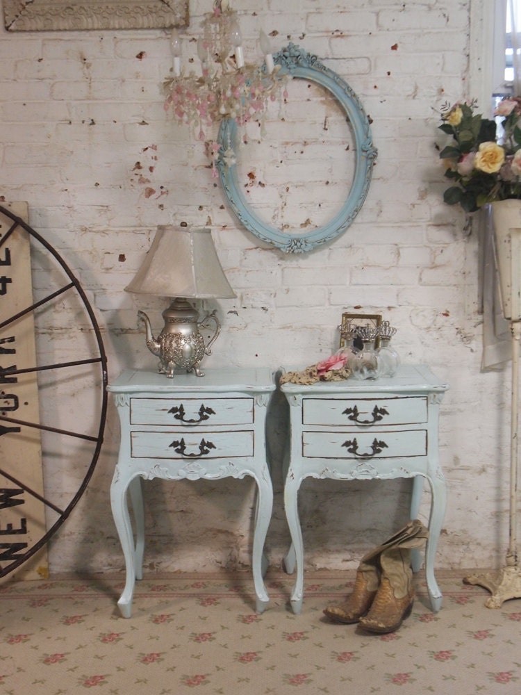 Painted Cottage Chic Shabby Robins Egg Romantic French Night Table NT146