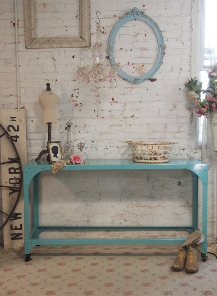 Painted Cottage Chic Aqua Kitchen Island / Table TBL23