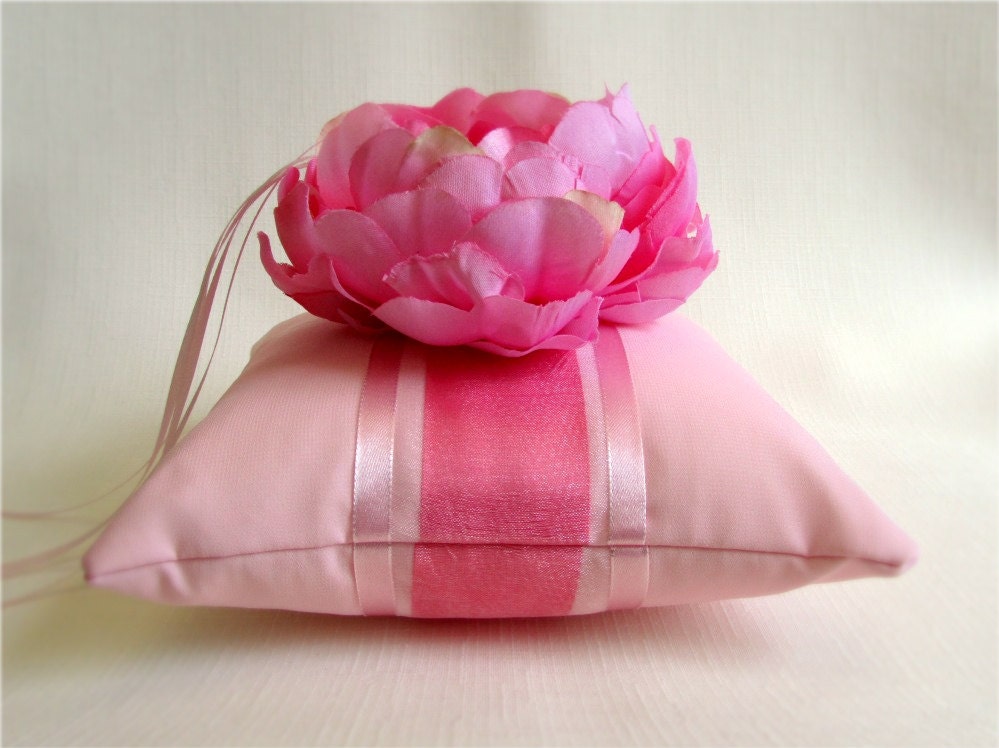 Pink Chiffon, Silk and Satin Ring Bearer Pillow with Large Peony Flower and Rhinestone Crystal Accents - Cerise Peony