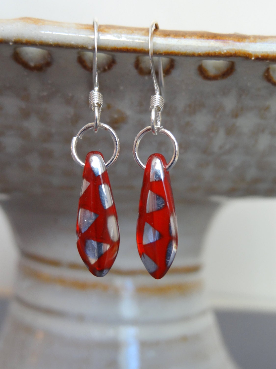 Red and Silver Dagger Earrings Zebra Print Triangle Dainty Modern Earrings Minimalist Glass Beads