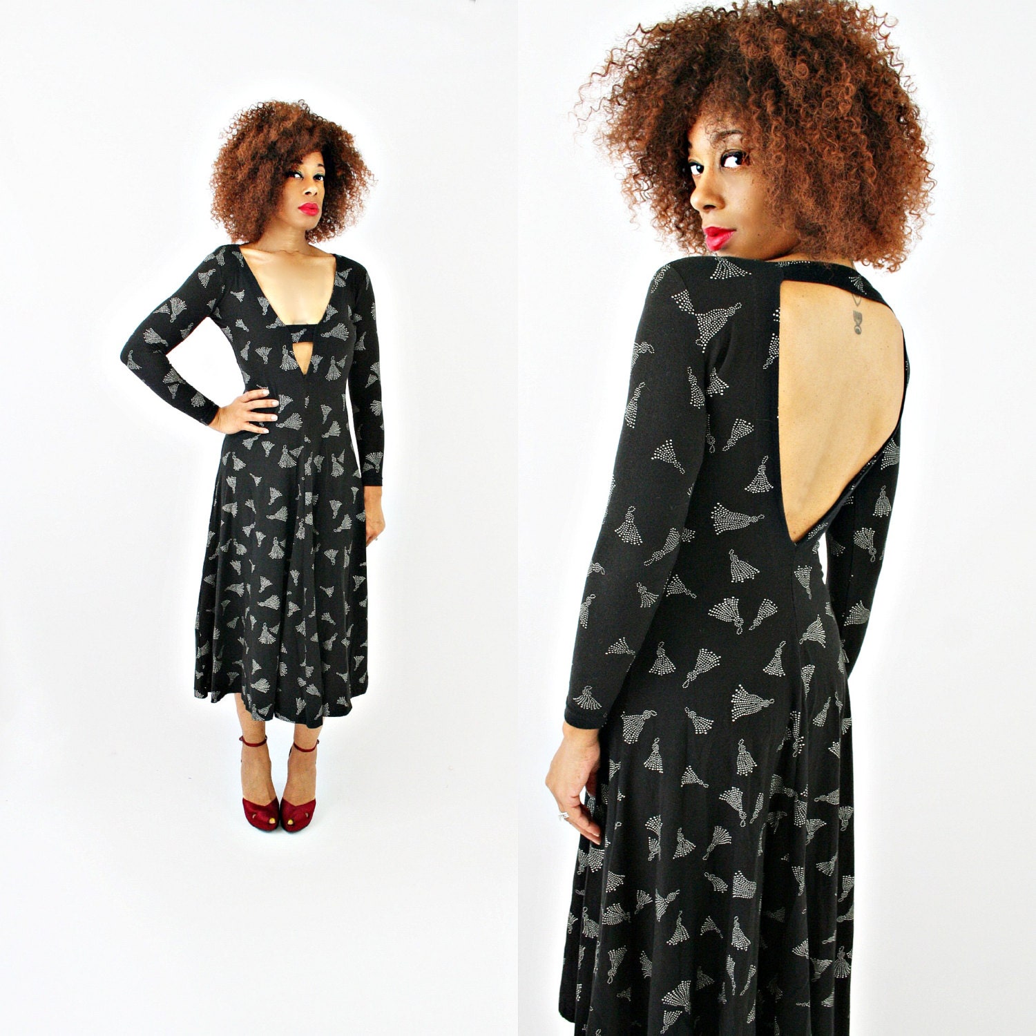 vintage 80s punk label BETSEY JOHNSON open BACK midi swing dress