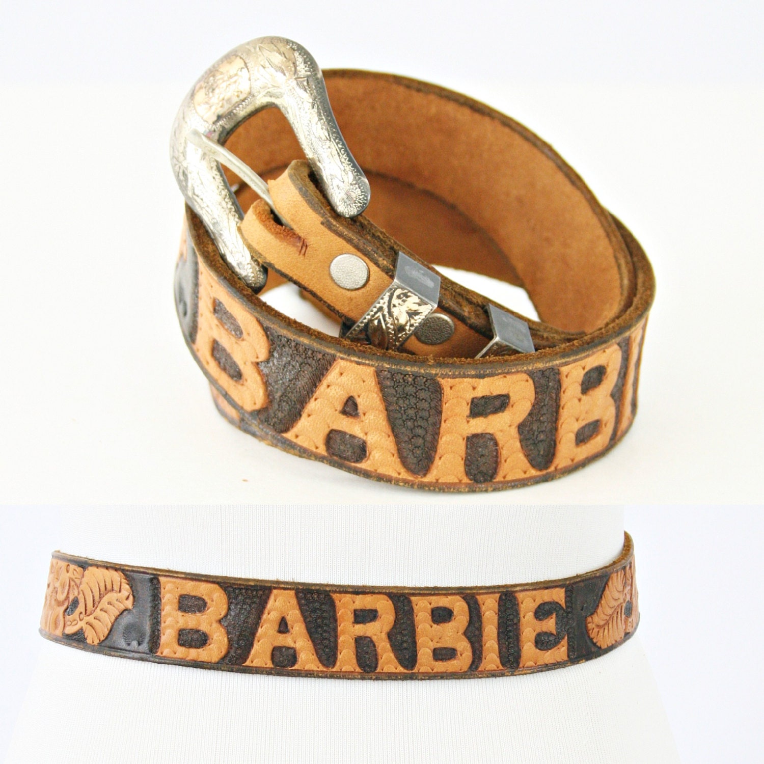 vintage RICARDO etched leather monogrammed BARBIE sterling SILVER belt size S