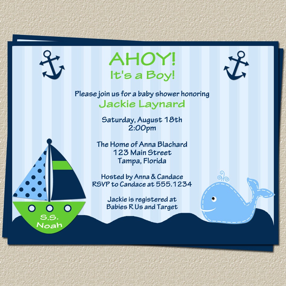 Nautical Baby Shower Invitations with Sailboat and Whale, Set of 10 Invites and Cards, FREE Shipping
