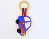 Wooden Teething Ring Car Hot Rod Plush
