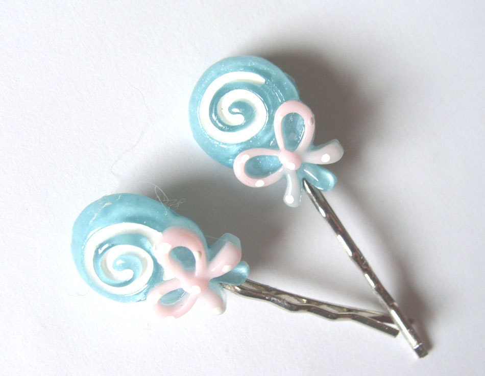 Lollipop Bobby Pins in Blue Set of 2 With White Swirl And Pink Bow Silver Tone Pins Fashion Hair Accessory