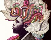 Medium Print of FLYING LOTUS / Giclee print  (18.5" x 16" / 47cm x 40cm) Limited Edition. Signed. Archival.