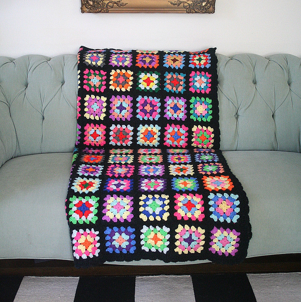 vintage crochet blanket GRANNY SQUARES boho eclectic NEON modern