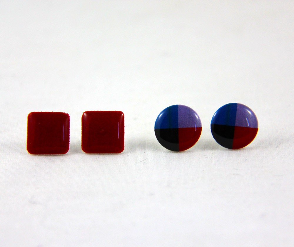 Red Square & Geometric - Post Earrings - Surgical Steel