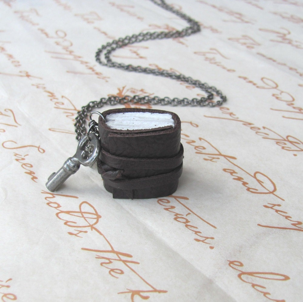 Little Brown Leather Book Necklace with Old Key